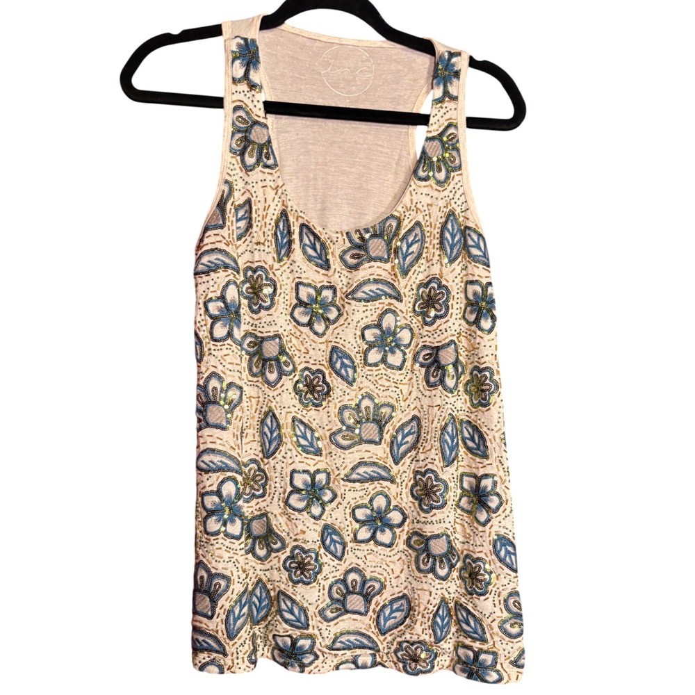 INC International Concepts Tank Top Womens Medium Cream Good Floral‎ Embellished